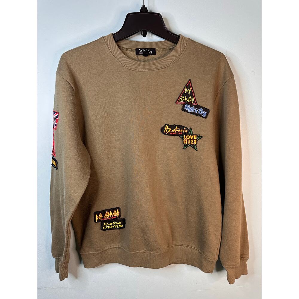 Vinyl Icons olive green band sweatshirt featuring Def Leppard logo patches small